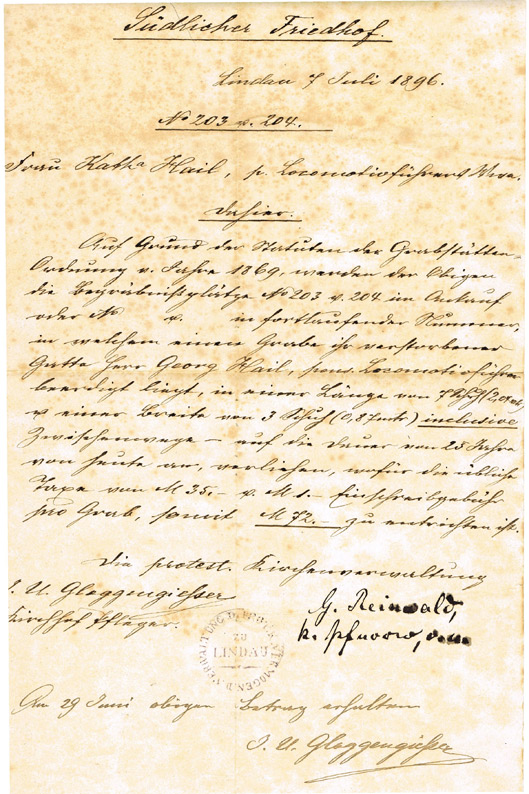 Dokument über den Grabstättenkauf von Kath Hail 1896