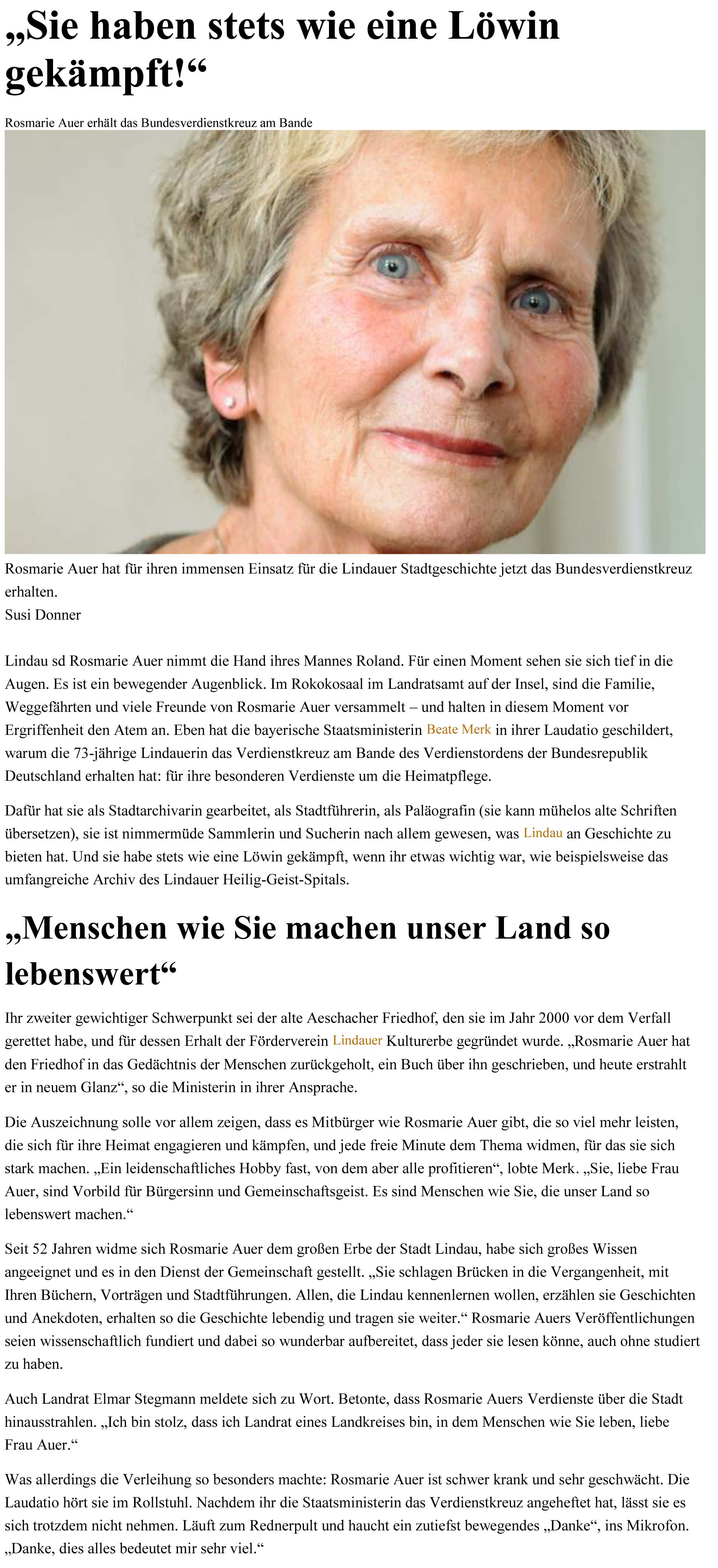 ... Lindauer Zeitung, Verleihung des Bundesverdienstkreuzes an Rosmarie Auer
