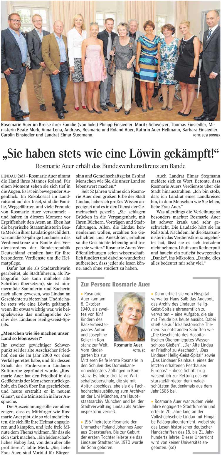 Lindauer Zeitungsartikel zur Verleihung des Bunsverdienstkreuzes an Rosmarie Auer 11.8.2014
